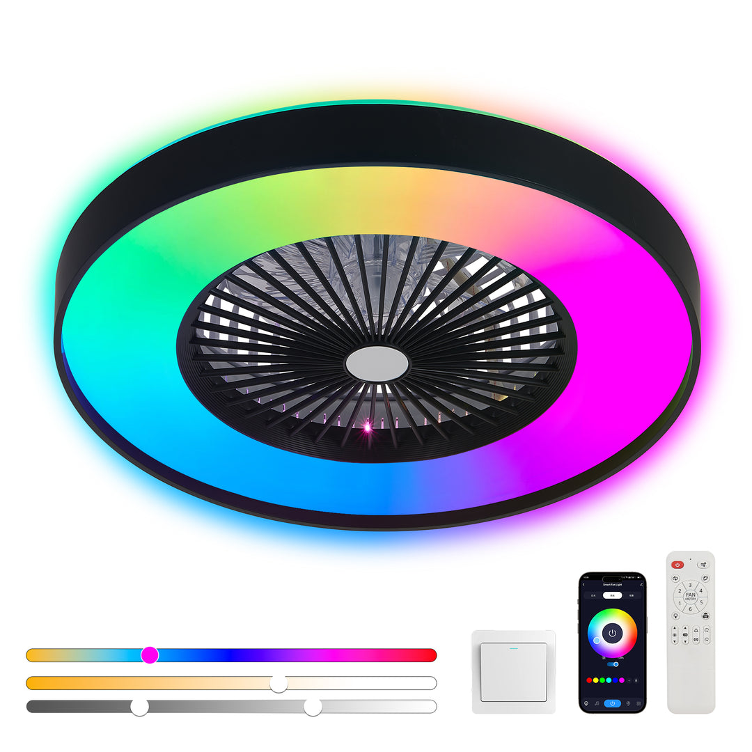 modern 23-inch black ceiling fan with RGB light