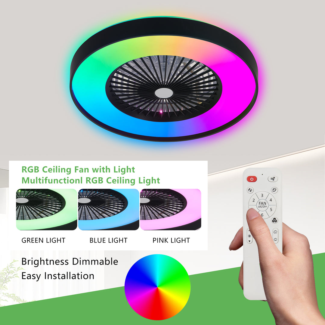 modern 23-inch black ceiling fan with RGB light