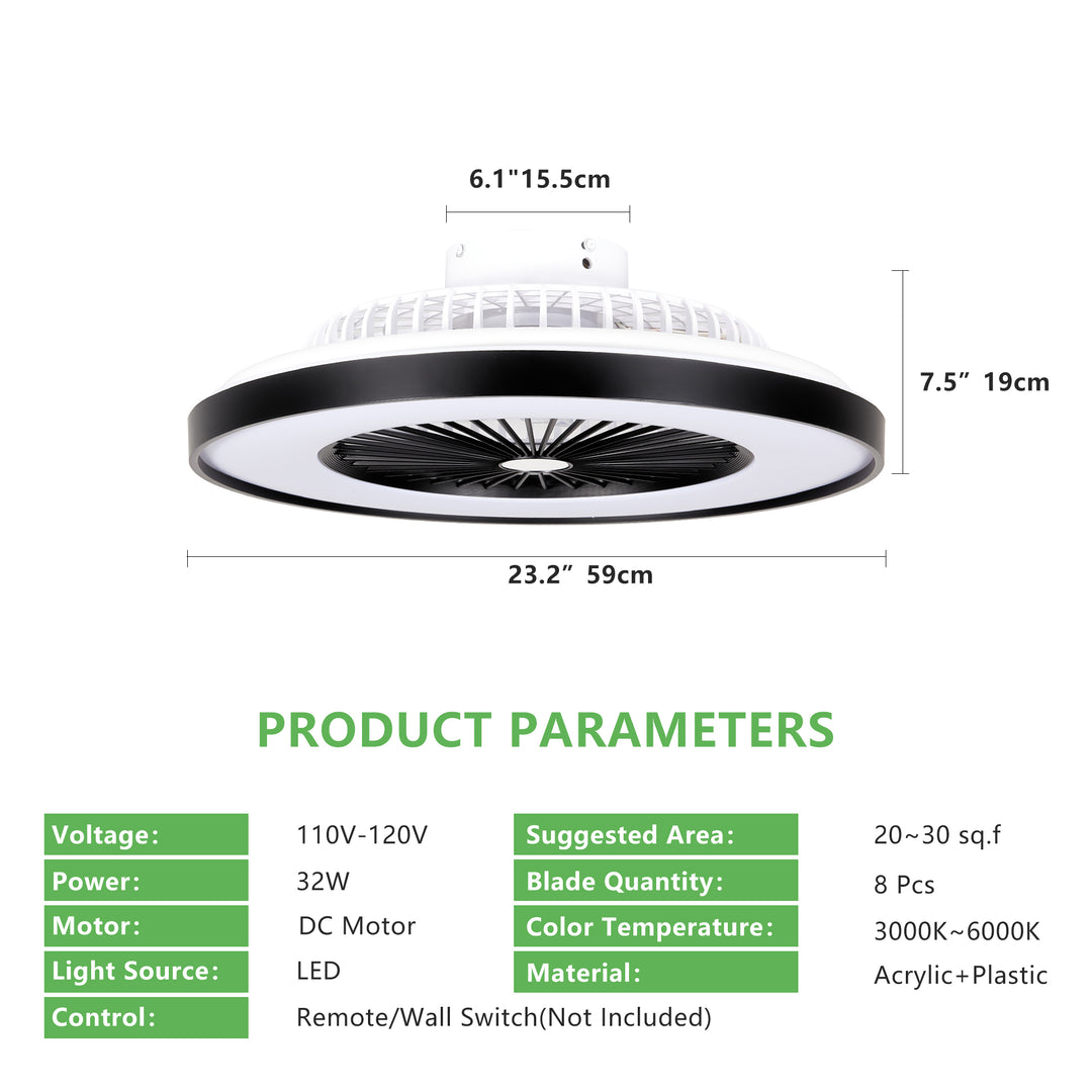 modern 23-inch black ceiling fan with RGB light