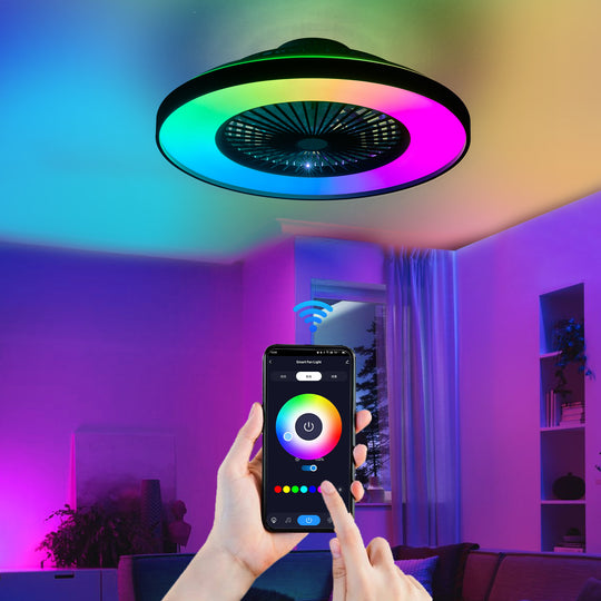 modern 23-inch black ceiling fan with RGB light