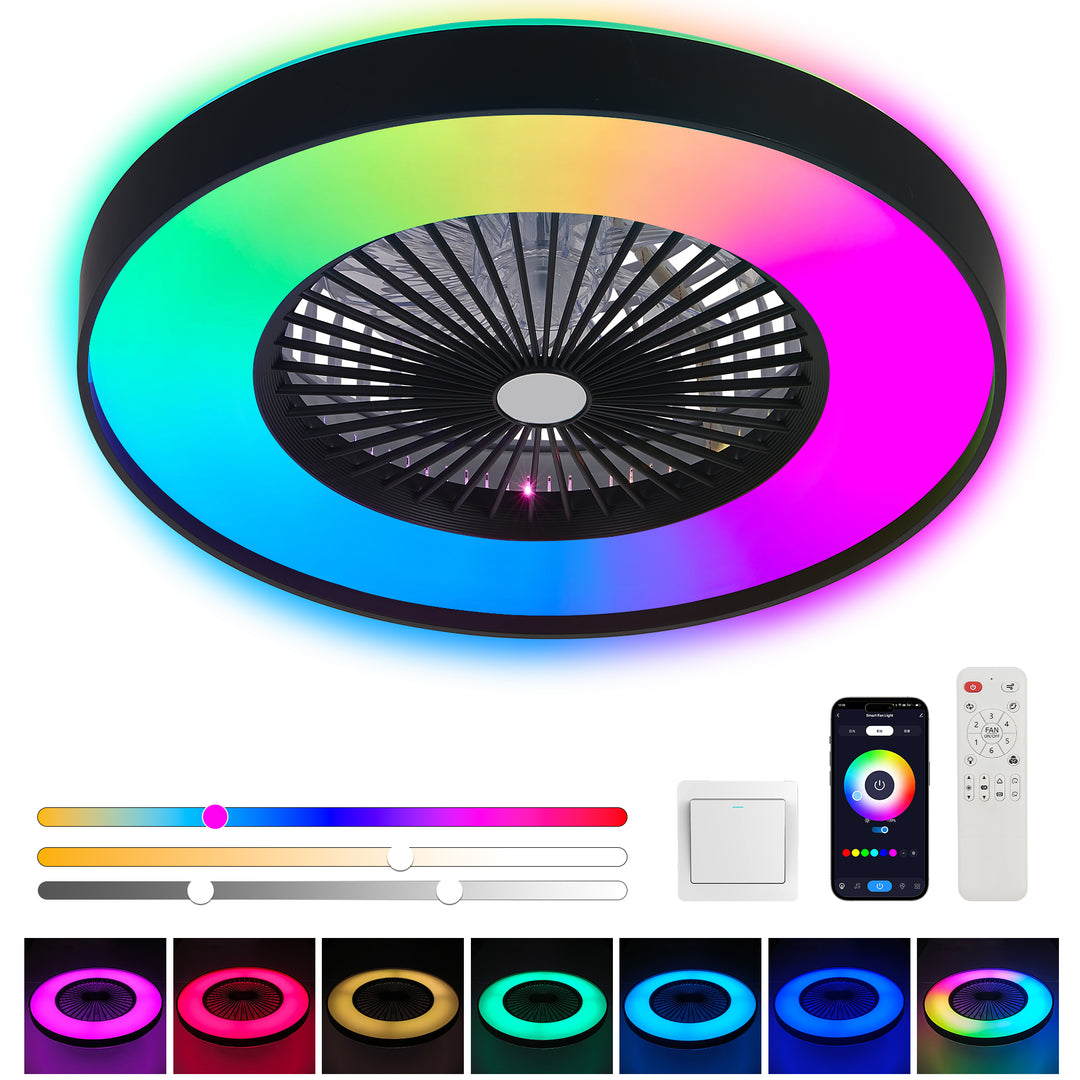 modern 23-inch black ceiling fan with RGB light