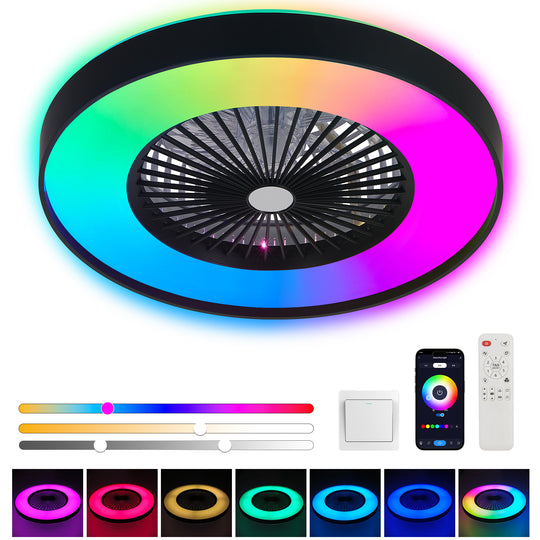 modern 23-inch black ceiling fan with RGB light