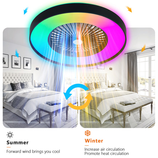 modern 23-inch black ceiling fan with RGB light