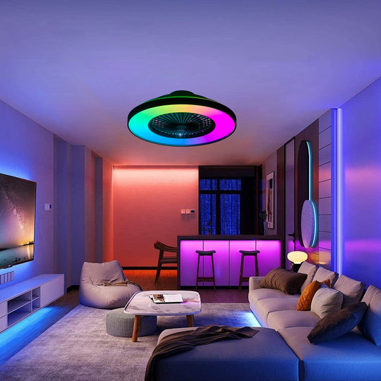 modern 23-inch black ceiling fan with RGB light