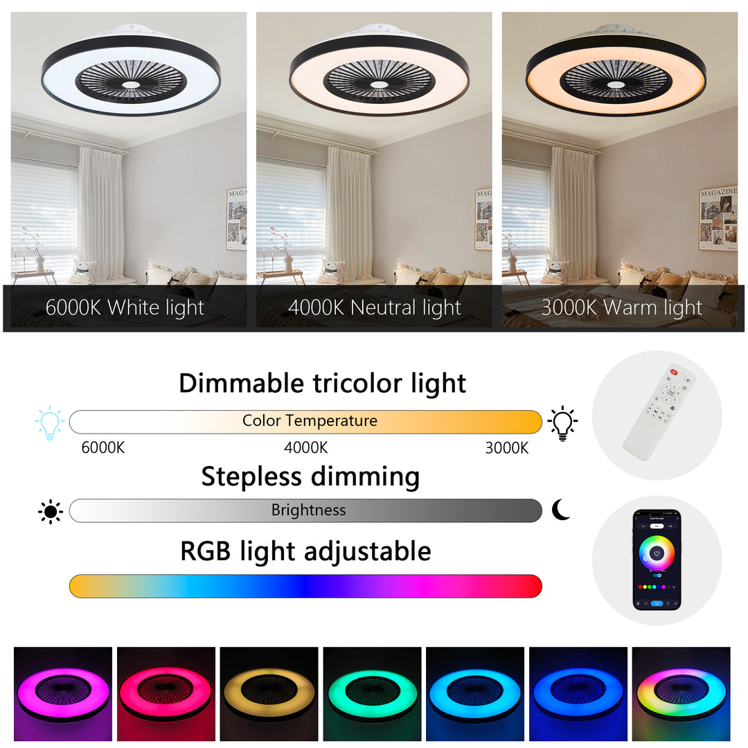 modern 23-inch black ceiling fan with RGB light