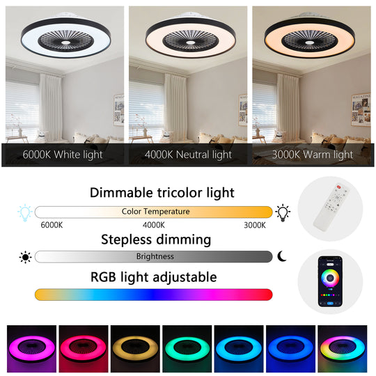 modern 23-inch black ceiling fan with RGB light