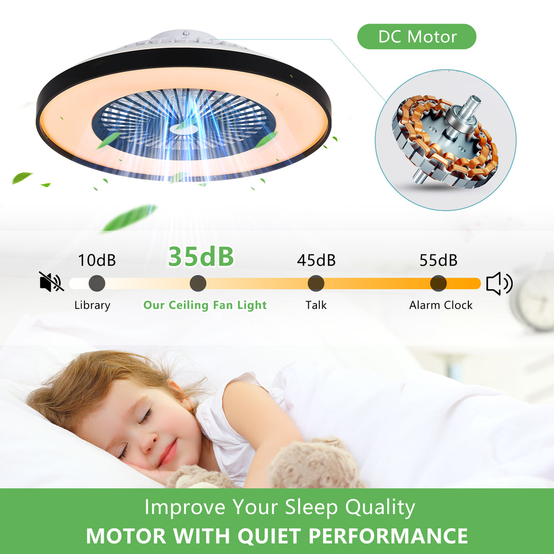 modern 23-inch black ceiling fan with RGB light
